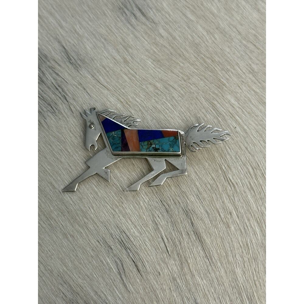 Native American Sterling Silver Inlay Horse Pin Turquoise Coral Robert Vandover - Picture 2 of 15